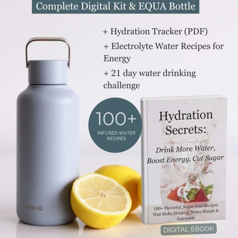 Complete Hydration Kit with grey EQUA bottle, ebook Hydration Secrets, water tracker, sugar-free recipes and 21-day hydration challenge