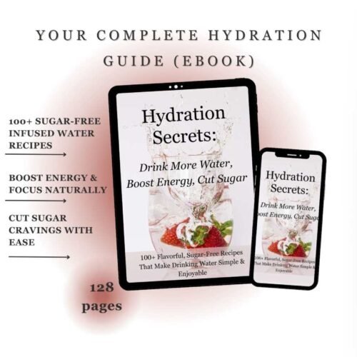 Hydration Secrets eBook cover – 128-page complete hydration guide with 100+ sugar-free infused water recipes, boost energy, cut sugar cravings
