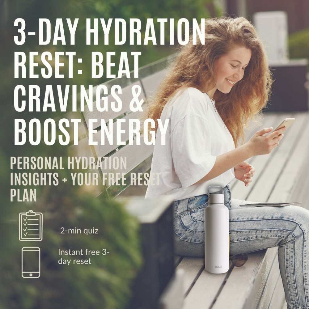 Young woman starting a free hydration challenge holding EQUA water bottle and using water habit tracker to build healthy drinking habits